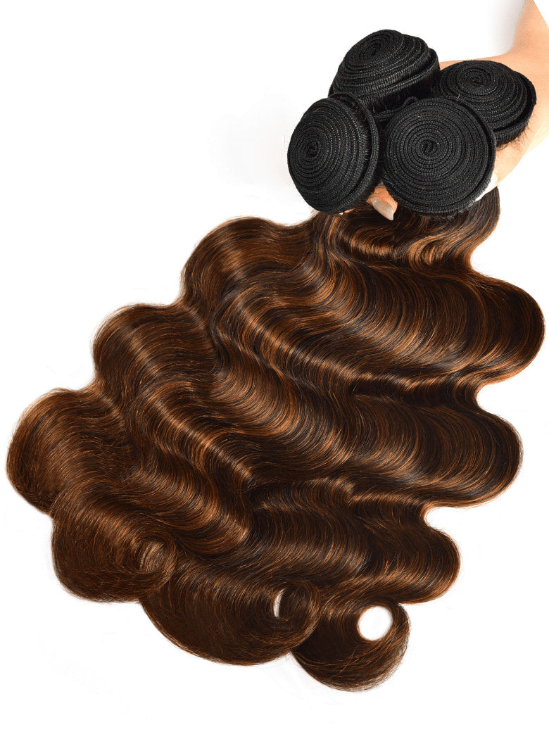 Klaiyi Balayage Hair Color 3 Bundles with Lace Closure Pre Plucked Free Part Highlights Ombre Hair Bundles Body Wave