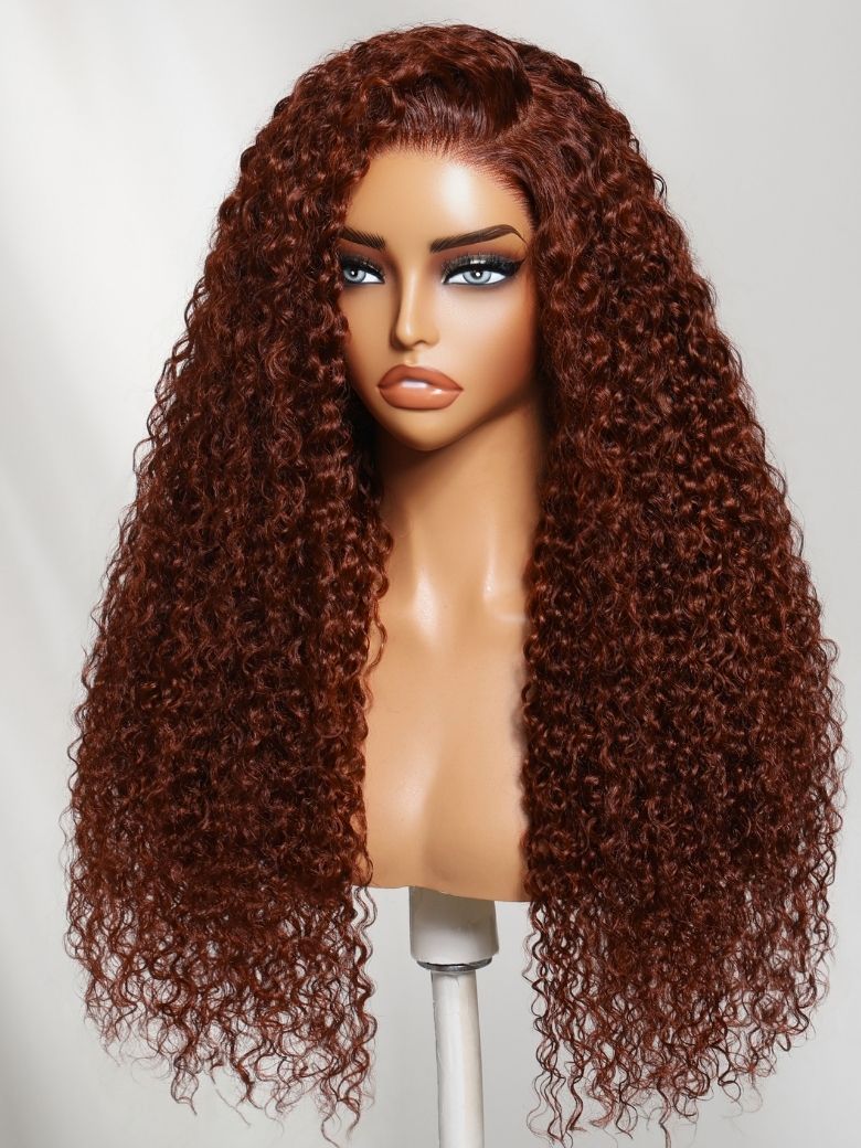 Klaiyi Afro Kinky Curly & Jerry Curly Reddish Brown 200% Density 7x5 Bye Bye Knots Lace Closure Put On and Go Glueless Wig