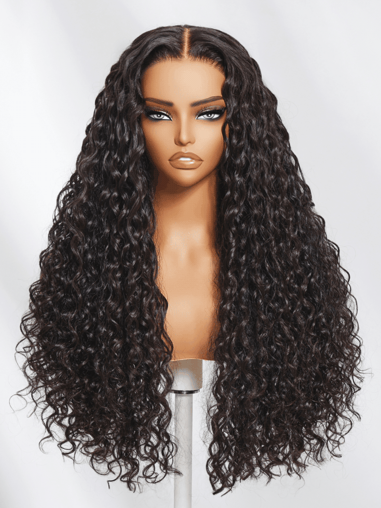 Klaiyi 7x5 & 13x4 No-Slip Cap Glueless Lace Water Wave Wig Put On & Go Human Hair Wig with Baby Hair Lightweight & Breathable