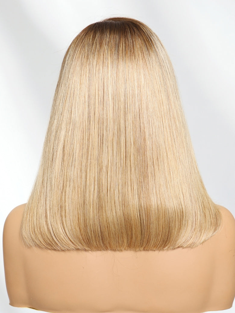 Klaiyi Tres Leches Blonde with Brown Root Bob Wigs Salt and pepper Hair Short Straight Bye-Bye Knots Wig Flash Sale