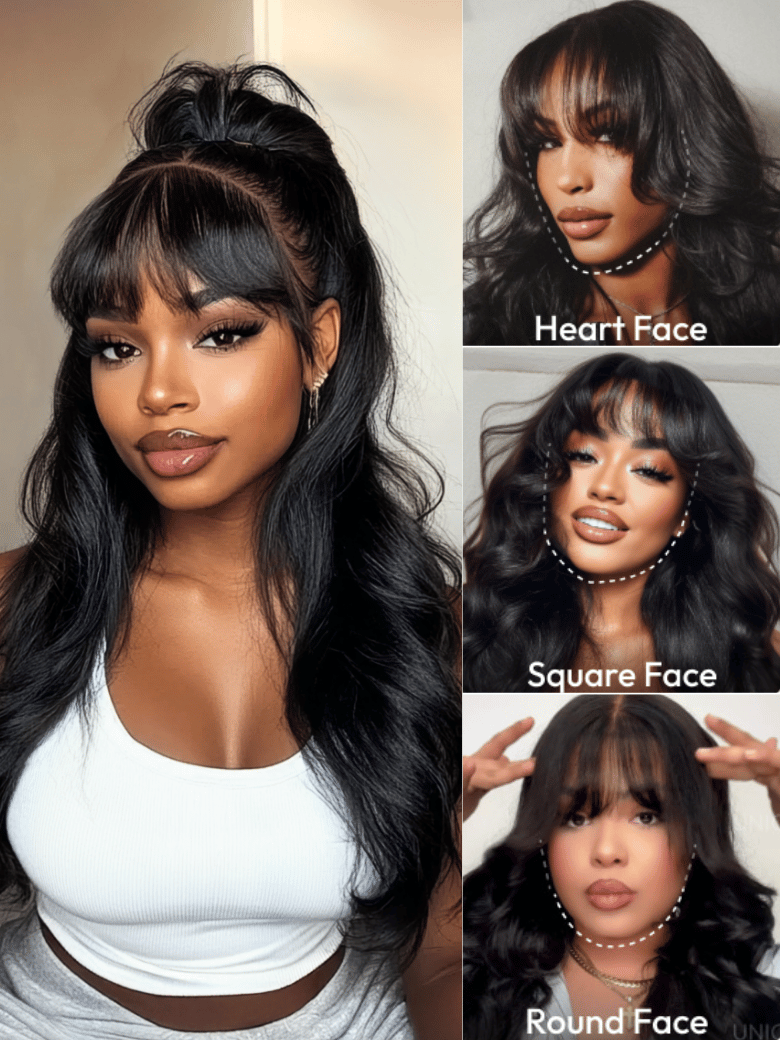 Klaiyi 7x5 and 13x4 3D Fluffy Body Wave Lace Frontal Wig with Curtain Bangs & Layers Pre everything Put on and Go Human Hair Wigs