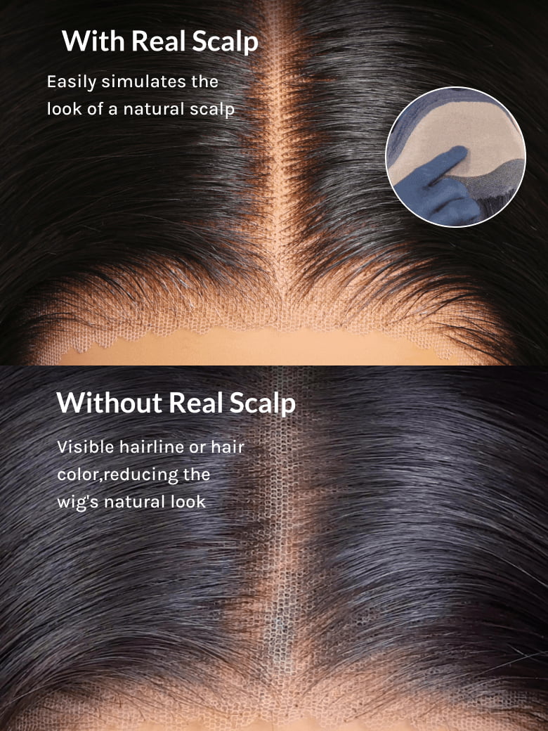 Klaiyi Hair HD Real Scalp™ Wig with Curtain Bangs 13x4 Invisible Lace Frontal Body Wave Wig Natural Black Color