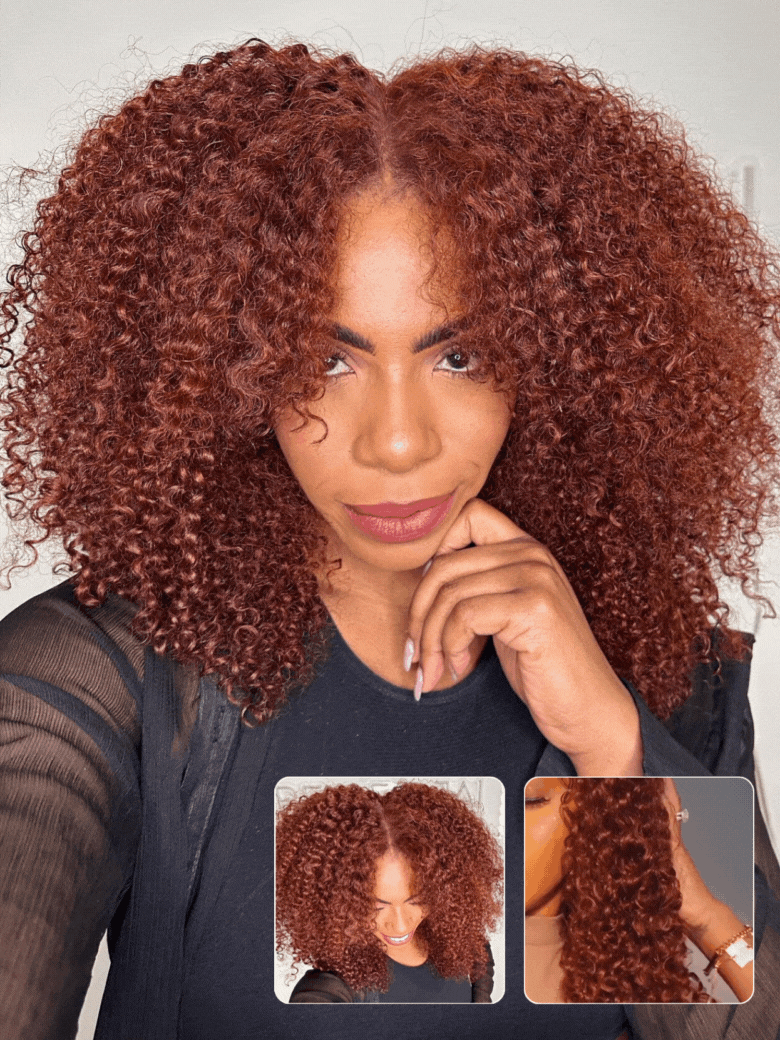 Klaiyi Afro Kinky Curly & Jerry Curly Reddish Brown 200% Density 7x5 Bye Bye Knots Lace Closure Put On and Go Glueless Wig