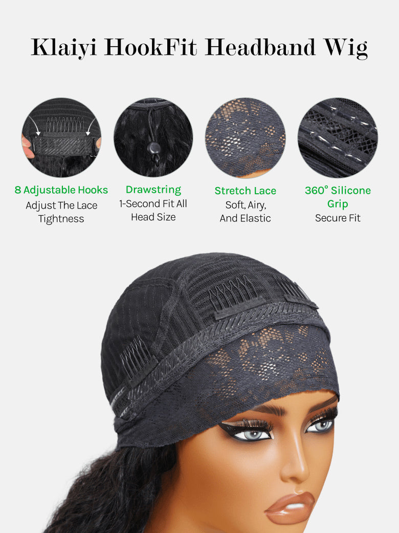 Klaiyi Hair HookFit Water Wave Headband Glueless Human Hair Wig With Invisi Drawstring