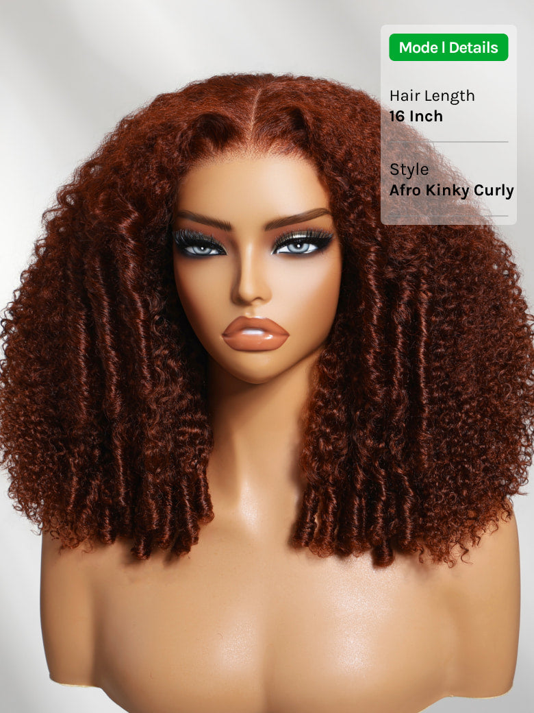 Klaiyi Reddish Brown Jerry Curly 7x5 Bye Bye Knots Human Hair Wig Put On and Go Glueless Lace Wig