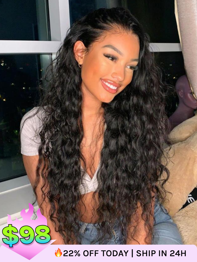 Klaiyi 7x5 & 13x4 No-Slip Cap Glueless Lace Water Wave Wig Put On & Go Human Hair Wig with Baby Hair Lightweight & Breathable