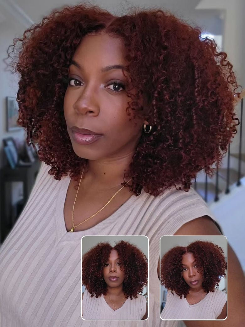 Klaiyi Afro Kinky Curly & Jerry Curly Reddish Brown 200% Density 7x5 Bye Bye Knots Lace Closure Put On and Go Glueless Wig