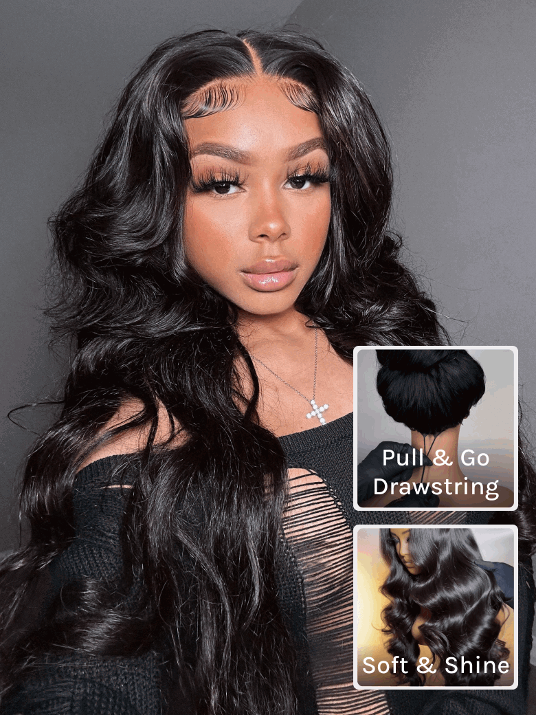 Klaiyi Hair HD Real Scalp™ Wig with Curtain Bangs 13x4 Invisible Lace Frontal Body Wave Wig Natural Black Color