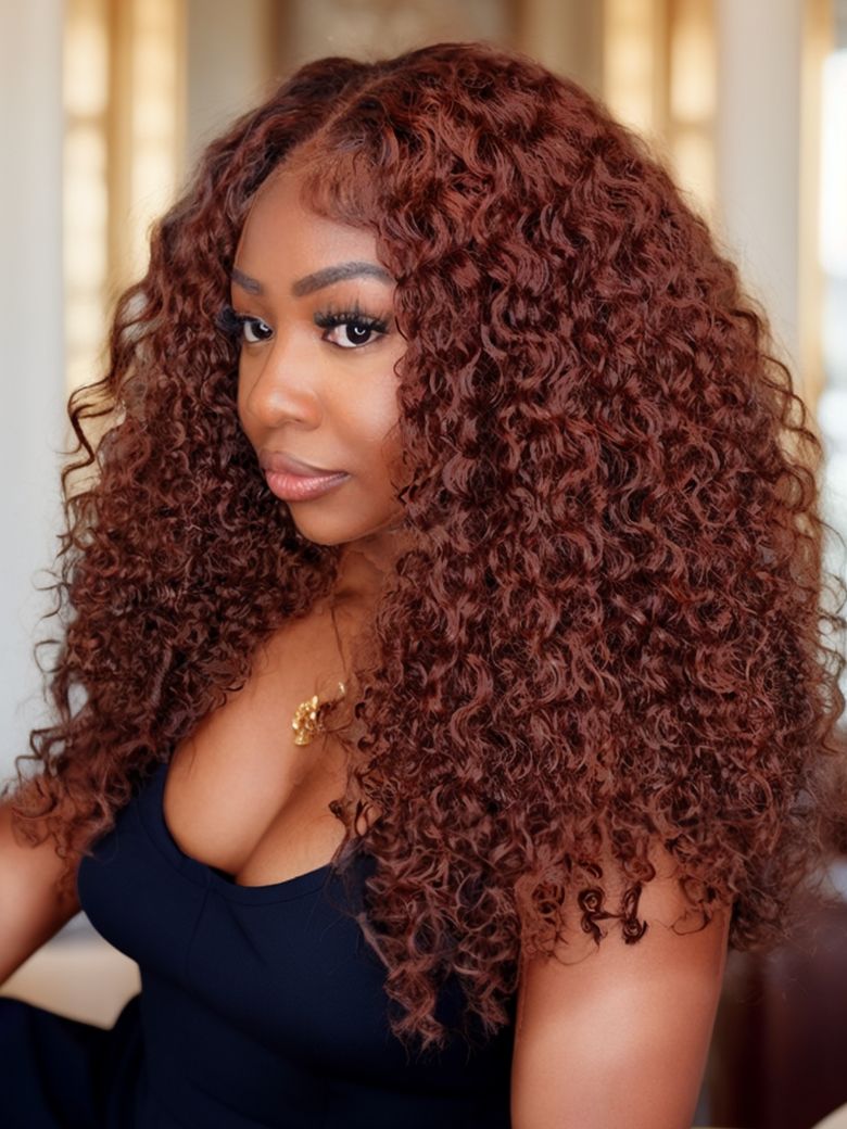 Klaiyi 7x5 Reddish Brown Jerry Curl Put on & Go Wig with Bleach Knots Flash Sale