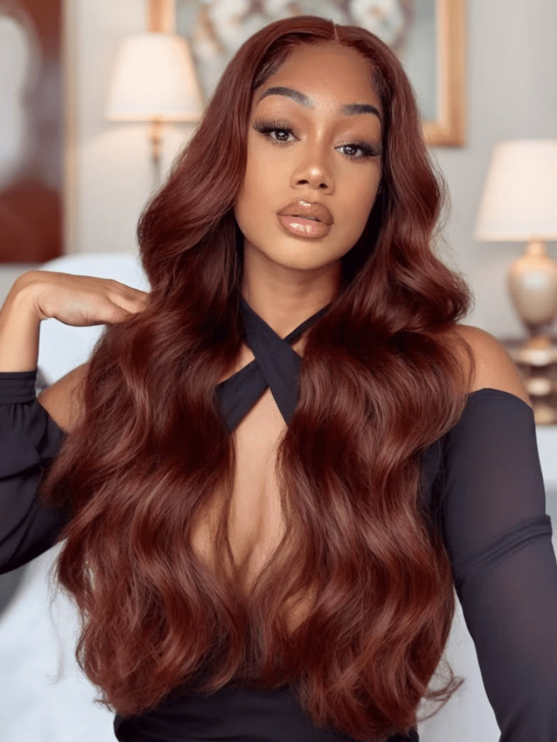 Klaiyi Brunette Auburn Copper 7x5 Pre everything Lace Frontal Wig Body Wave Virgin Human Hair Reddish Brown Color