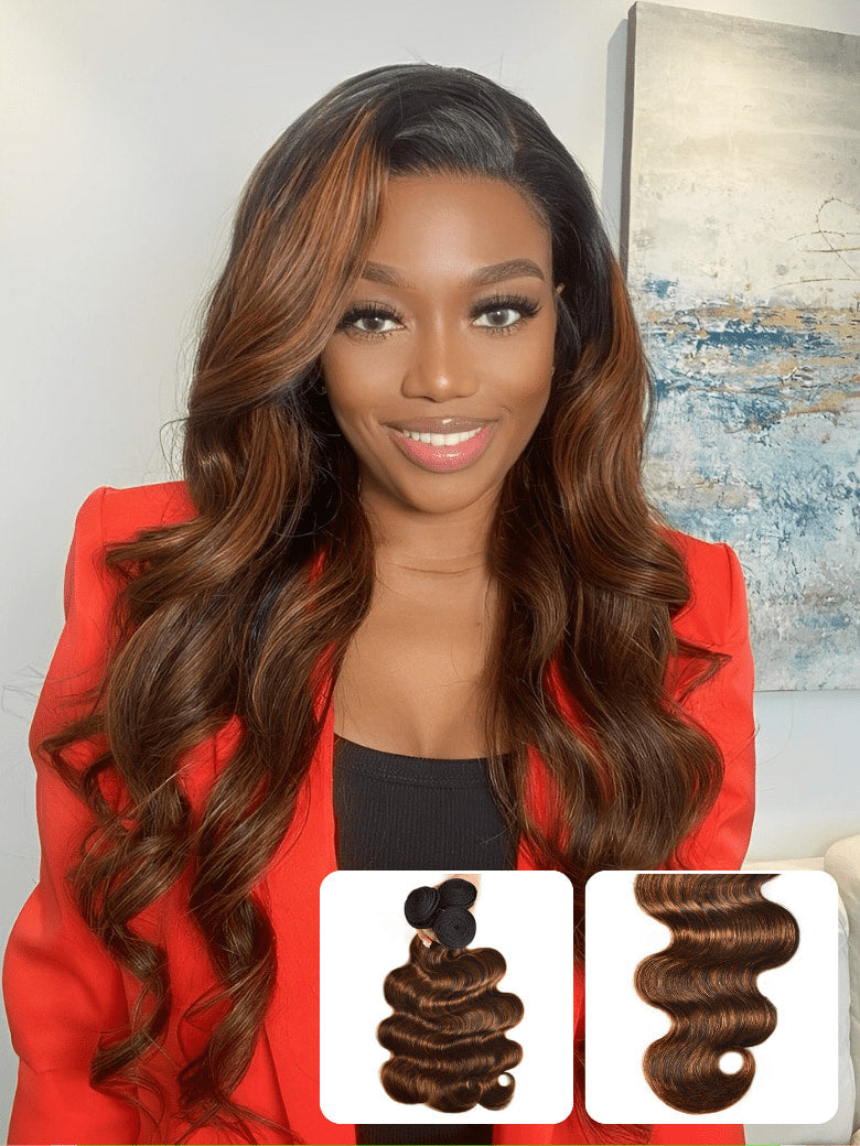 Klaiyi Balayage Hair Color 3 Bundles with Lace Closure Pre Plucked Free Part Highlights Ombre Hair Bundles Body Wave