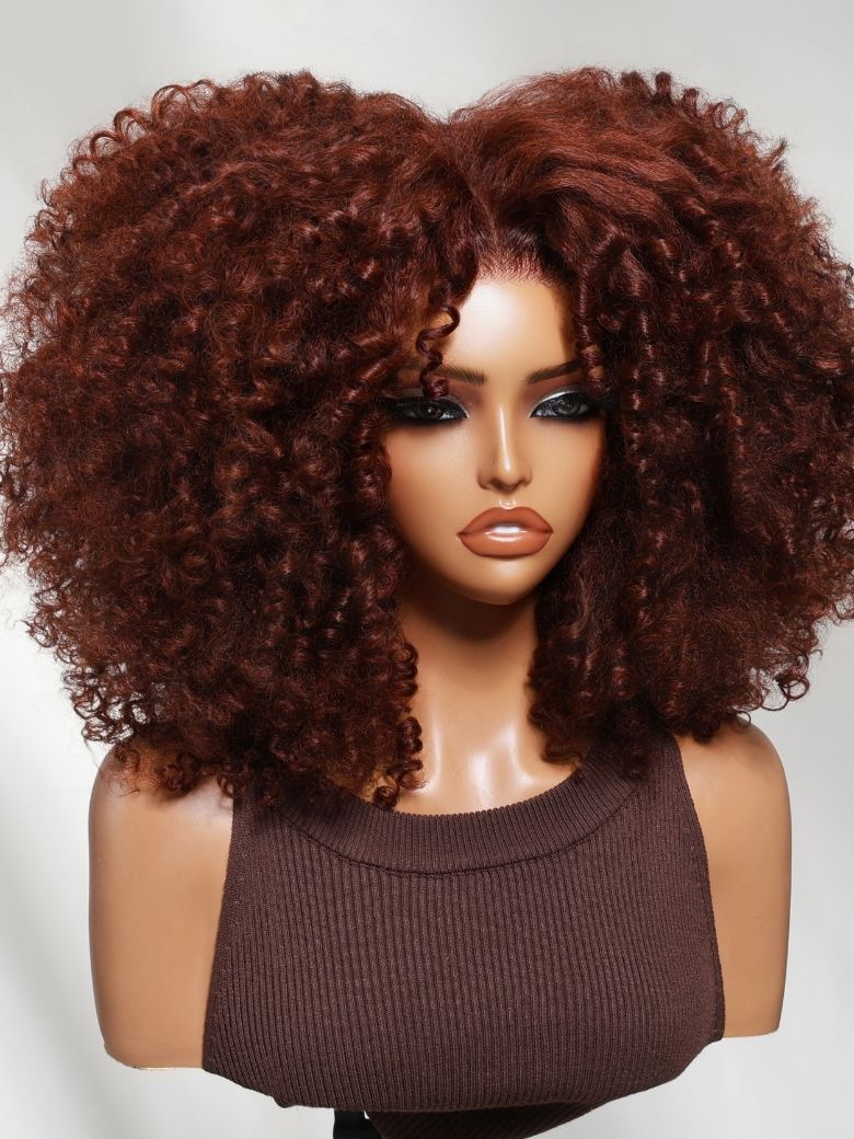 Klaiyi Afro Kinky Curly & Jerry Curly Reddish Brown 200% Density 7x5 Bye Bye Knots Lace Closure Put On and Go Glueless Wig