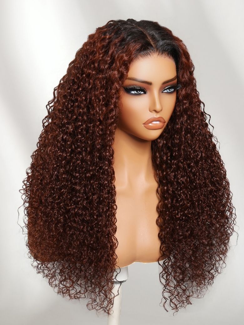 Klaiyi Auburn Re Color 13x4 Pre-Everything™ Lace Frontal Curly Wig with Dark Roots Glueless Wig