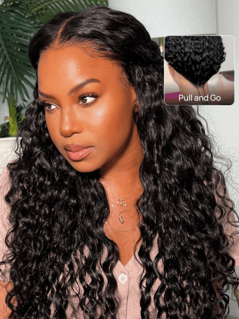 Klaiyi 7x5 & 13x4 No-Slip Cap Glueless Lace Water Wave Wig Put On & Go Human Hair Wig with Baby Hair Lightweight & Breathable