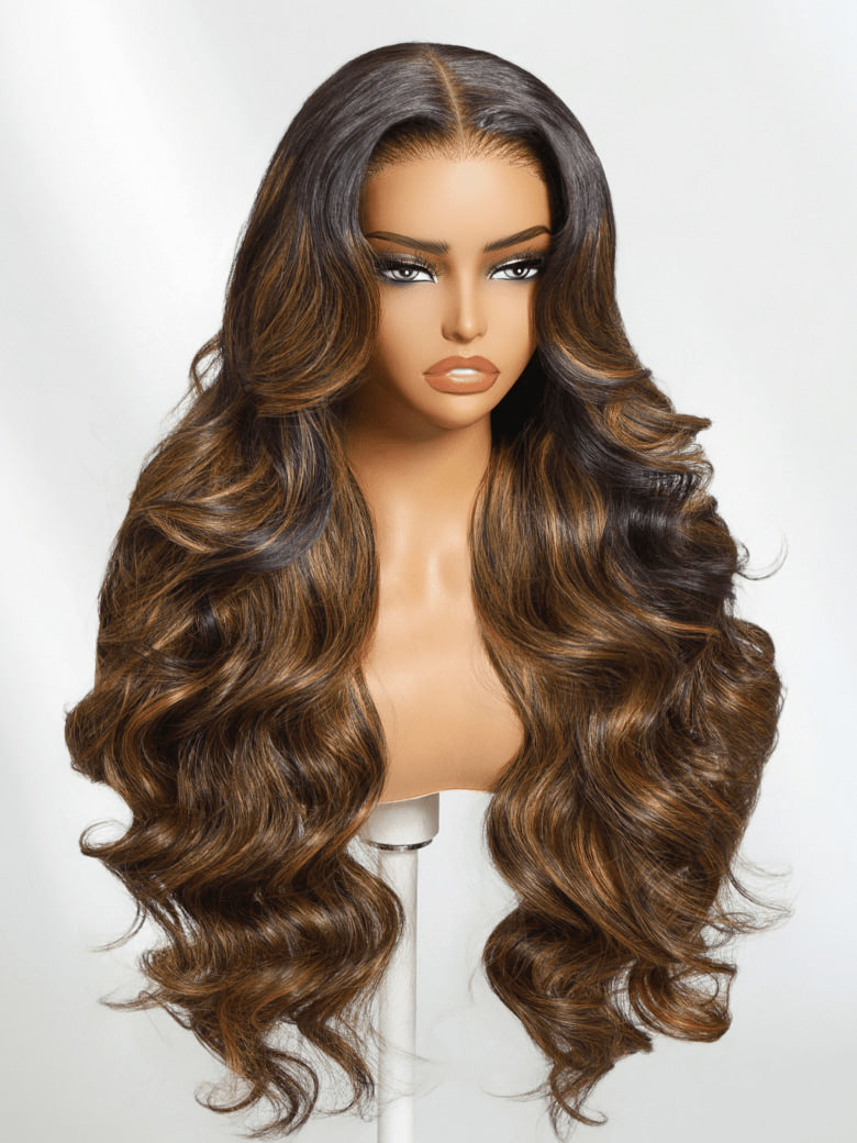 Klaiyi Ombre Brown Balayage Highlight Body Wave 13x4 Pre everything Wig Precolored Glueless Human Hair Lace Wig