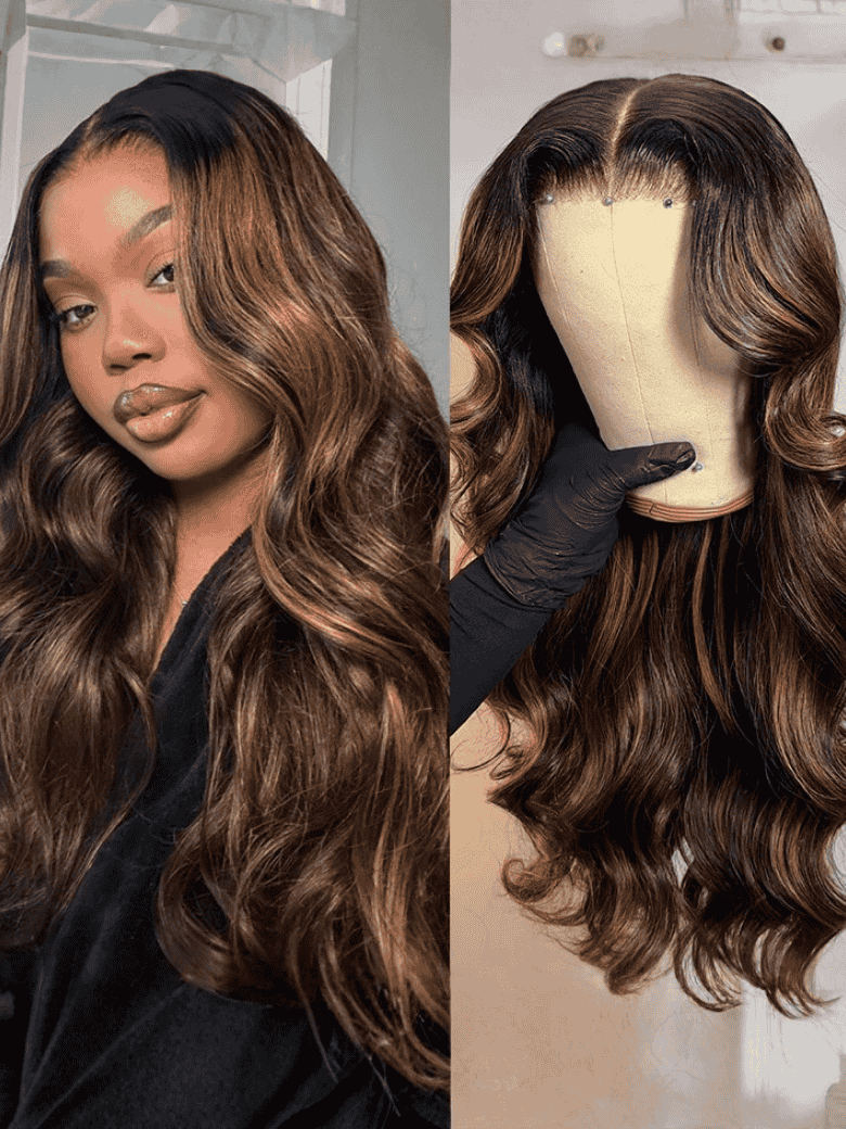 Klaiyi Ombre Brown Balayage Highlight Body Wave 13x4 Pre everything Wig Precolored Glueless Human Hair Lace Wig