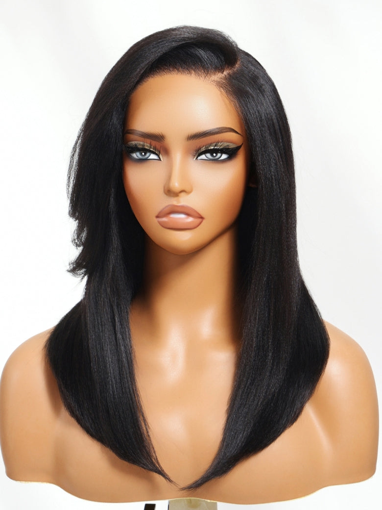 Klaiyi Yaki Straight Silk Press Bob Wig With Side Bangs 7x5 Pre-Bleached Natural Looking Glueless Wig Human Hair