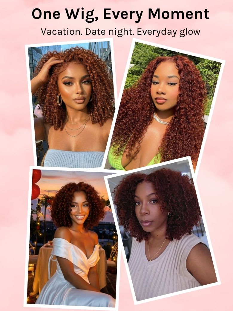 Klaiyi Afro Kinky Curly & Jerry Curly Reddish Brown 200% Density 7x5 Bye Bye Knots Lace Closure Put On and Go Glueless Wig