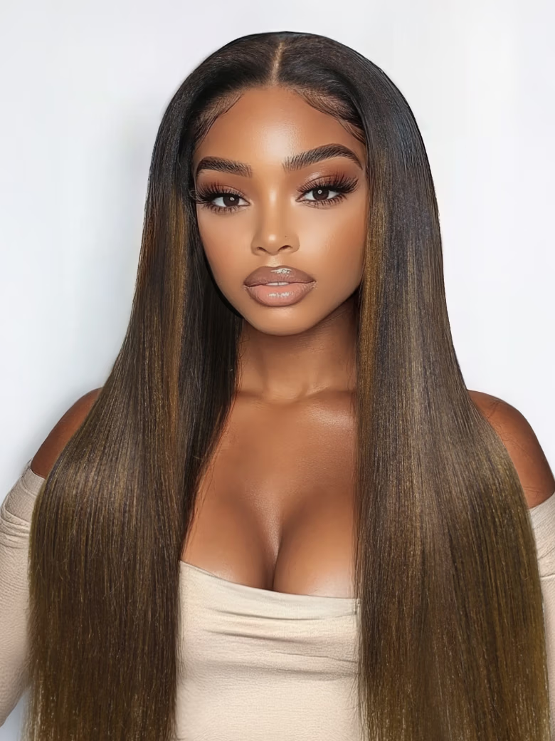 Klaiyi Yaki Straight EasiContour V Part Wigs Human Hair Ombre Chestnut Brown Color Clip in No Sew in No Glue Upgrade U Part Human Hair Wig