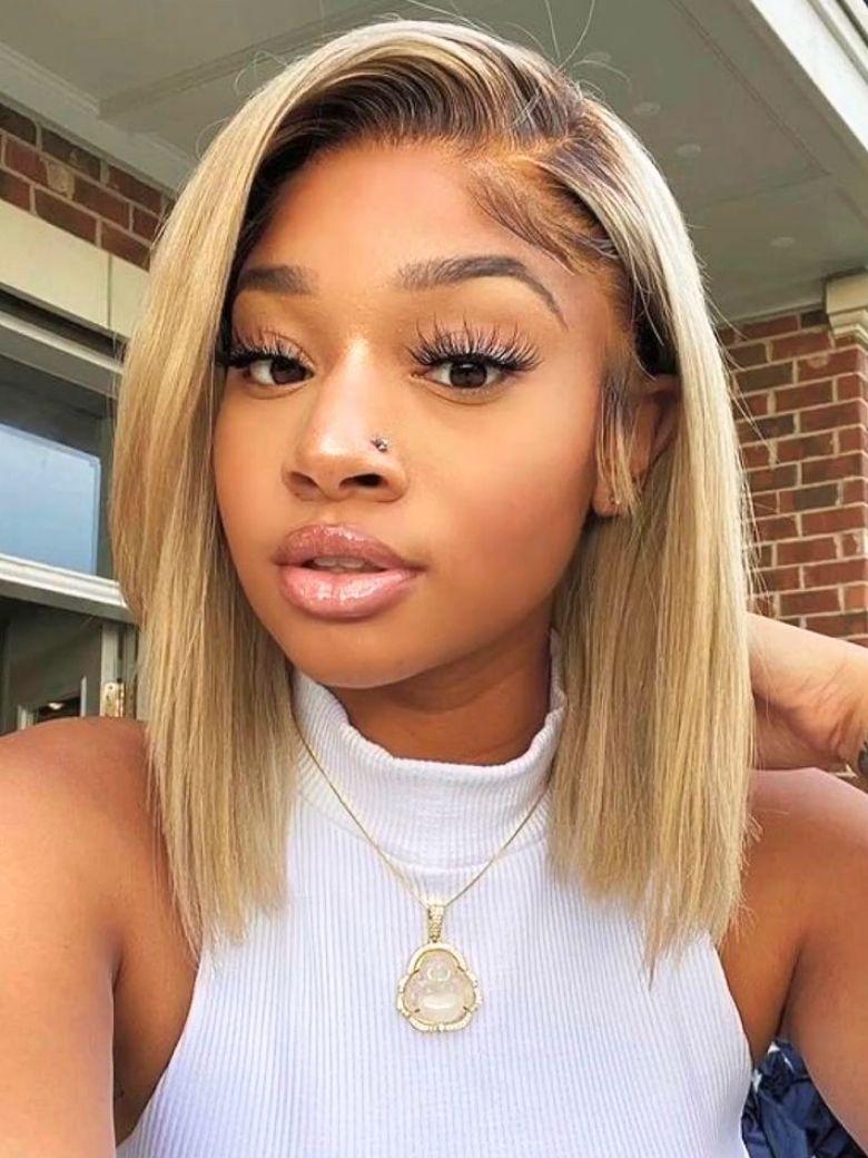 Klaiyi Tres Leches Blonde with Brown Root Bob Wigs Salt and pepper Hair Short Straight Bye-Bye Knots Wig Flash Sale