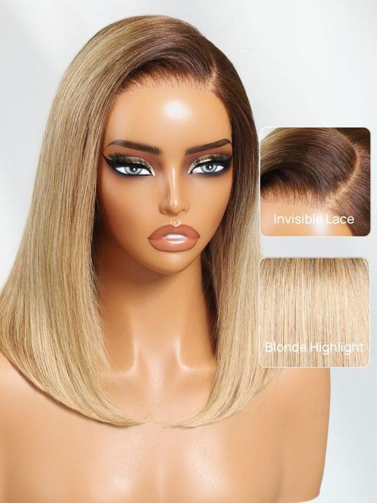Klaiyi Tres Leches Blonde with Brown Root Bob Wigs Salt and pepper Hair Short Straight Bye-Bye Knots Wig Flash Sale