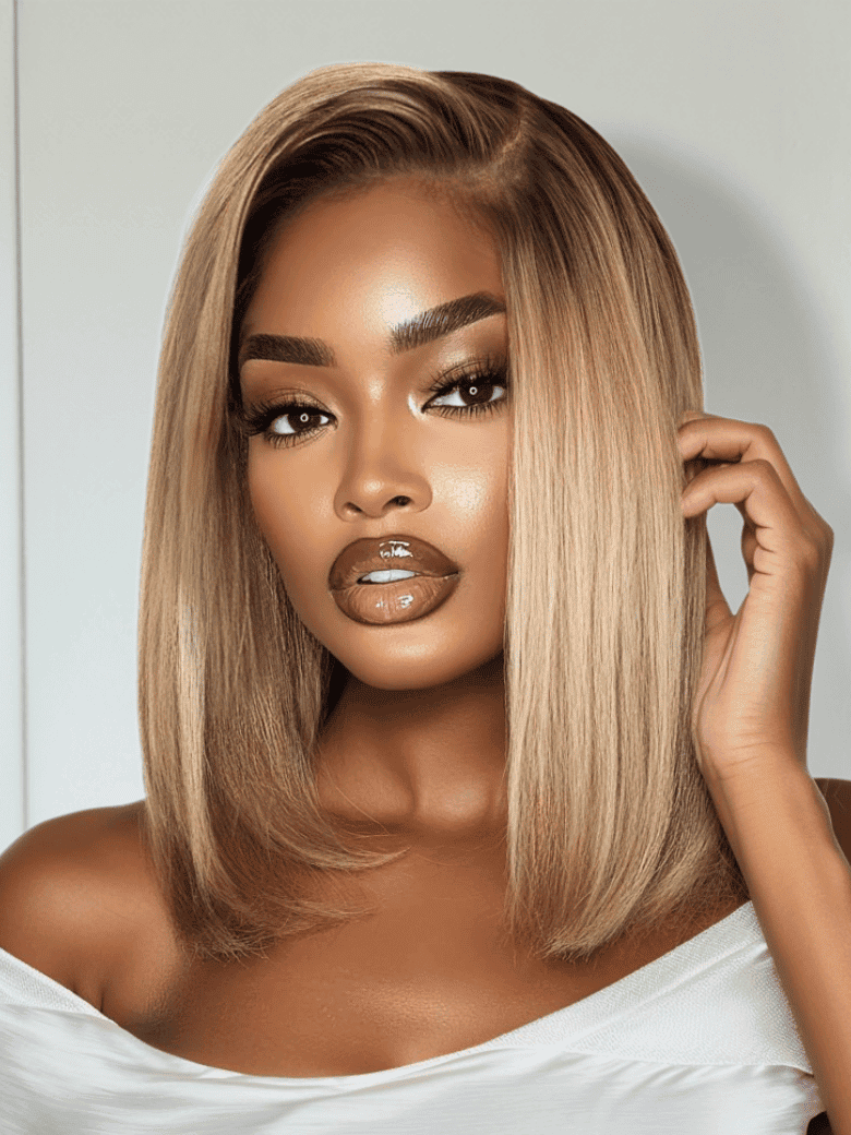 Klaiyi Tres Leches Blonde with Brown Root Bob Wigs Salt and pepper Hair Short Straight Bye-Bye Knots Wig Flash Sale