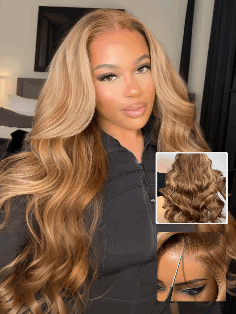 Klaiyi Ombre Highlight Blonde Body Wave 7x5 Bye Bye Knots Lace Wig Human Hair Put on and go Wigs