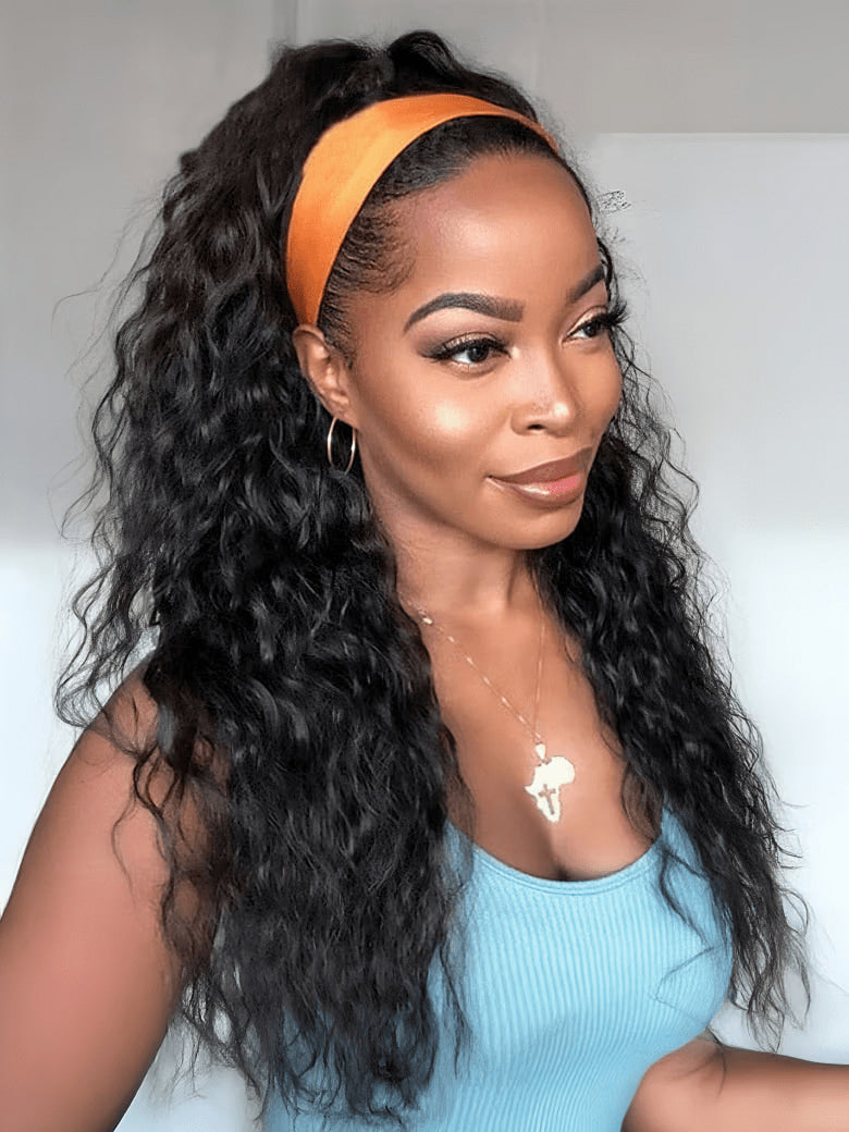 Klaiyi Hair HookFit Water Wave Headband Glueless Human Hair Wig With Invisi Drawstring