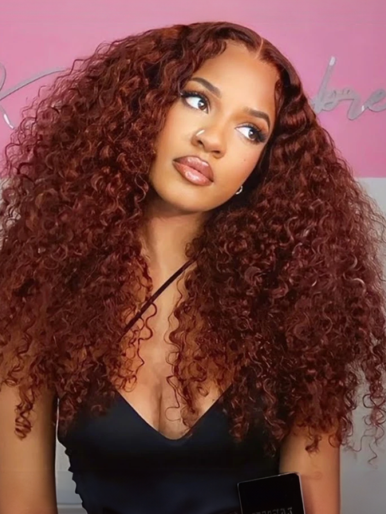 Klaiyi Afro Kinky Curly & Jerry Curly Reddish Brown 200% Density 7x5 Bye Bye Knots Lace Closure Put On and Go Glueless Wig