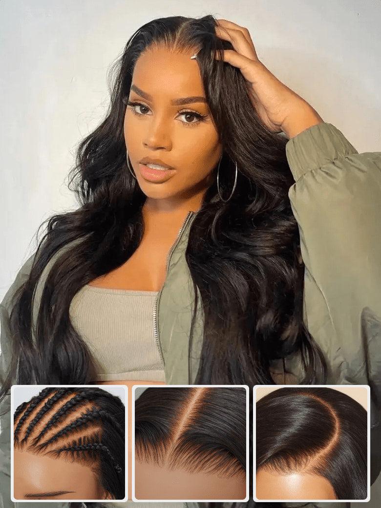 Klaiyi Hair HD Real Scalp™ Wig with Curtain Bangs 13x4 Invisible Lace Frontal Body Wave Wig Natural Black Color