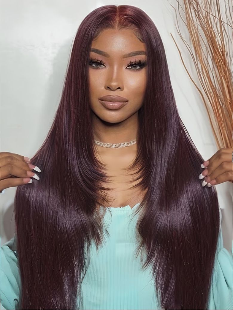 Klaiyi Black Cherry Layered Cut Straight/Loose Wave 7x5 and 13x4 Pre-Everything Lace Frontal Wig Put on and Go Glueless Wig