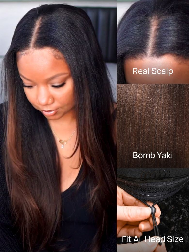Klaiyi Yaki Straight EasiContour V Part Wigs Human Hair Ombre Chestnut Brown Color Clip in No Sew in No Glue Upgrade U Part Human Hair Wig