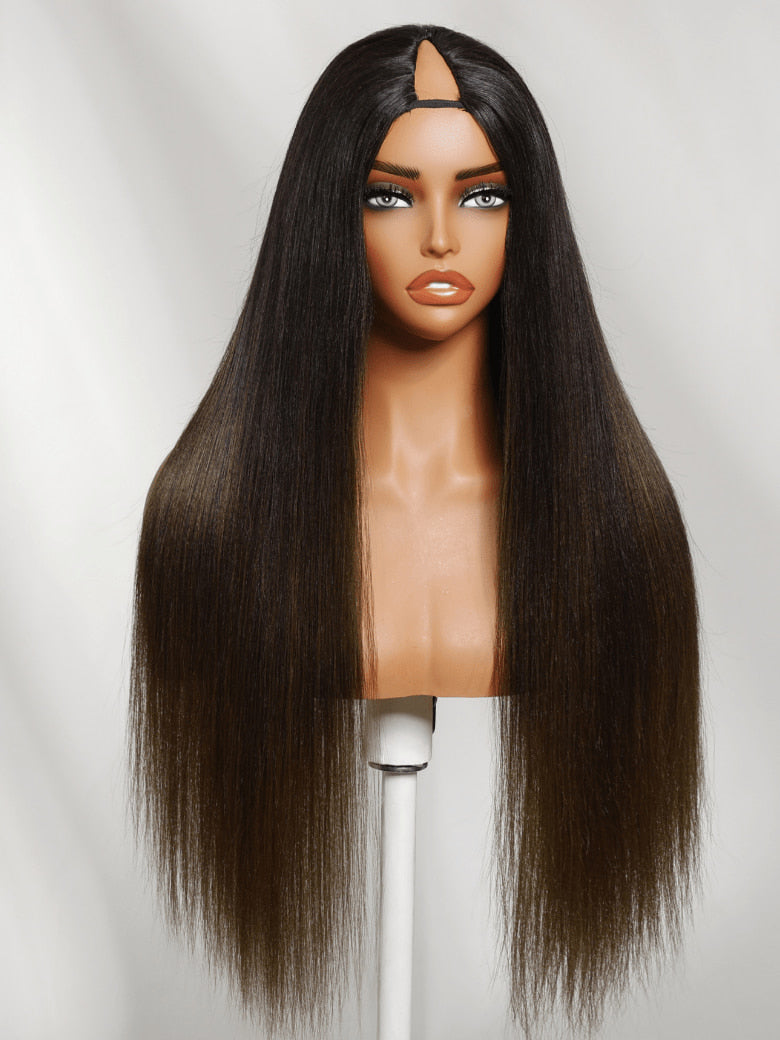 Klaiyi Yaki Straight EasiContour V Part Wigs Human Hair Ombre Chestnut Brown Color Clip in No Sew in No Glue Upgrade U Part Human Hair Wig