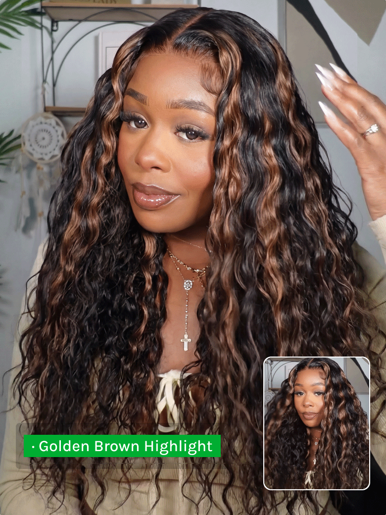 Klaiyi 7x5 Golden Brown Highlight Water Wave Bye Bye Knots Lace Closure Wig 150% Density