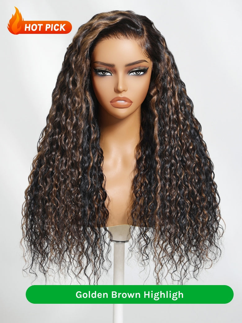 Klaiyi 7x5 Golden Brown Highlight Water Wave Bye Bye Knots Lace Closure Wig 150% Density