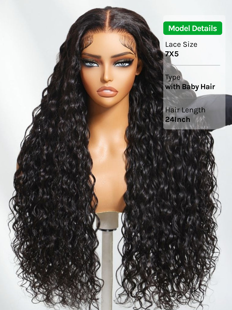 Klaiyi 7x5 & 13x4 No-Slip Cap Glueless Lace Water Wave Wig Put On & Go Human Hair Wig with Baby Hair Lightweight & Breathable