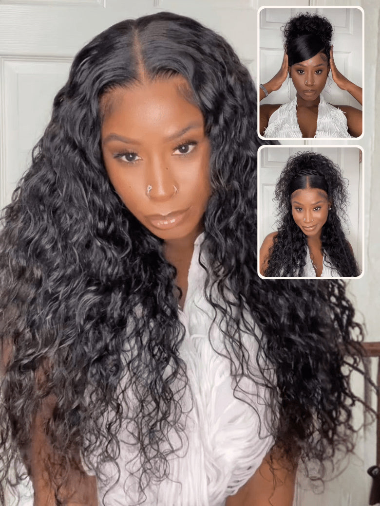 Klaiyi 7x5 & 13x4 No-Slip Cap Glueless Lace Water Wave Wig Put On & Go Human Hair Wig with Baby Hair Lightweight & Breathable