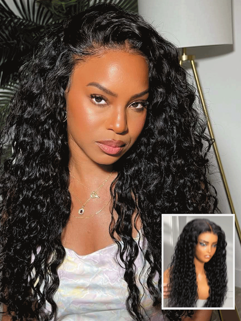 Klaiyi 7x5 & 13x4 No-Slip Cap Glueless Lace Water Wave Wig Put On & Go Human Hair Wig with Baby Hair Lightweight & Breathable
