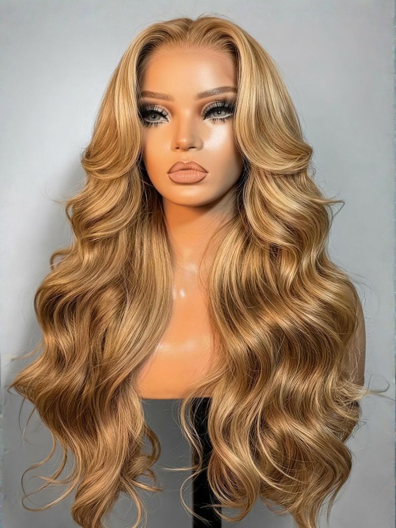 Klaiyi Ombre Highlight Blonde Body Wave 7x5 Bye Bye Knots Lace Wig Human Hair Put on and go Wigs