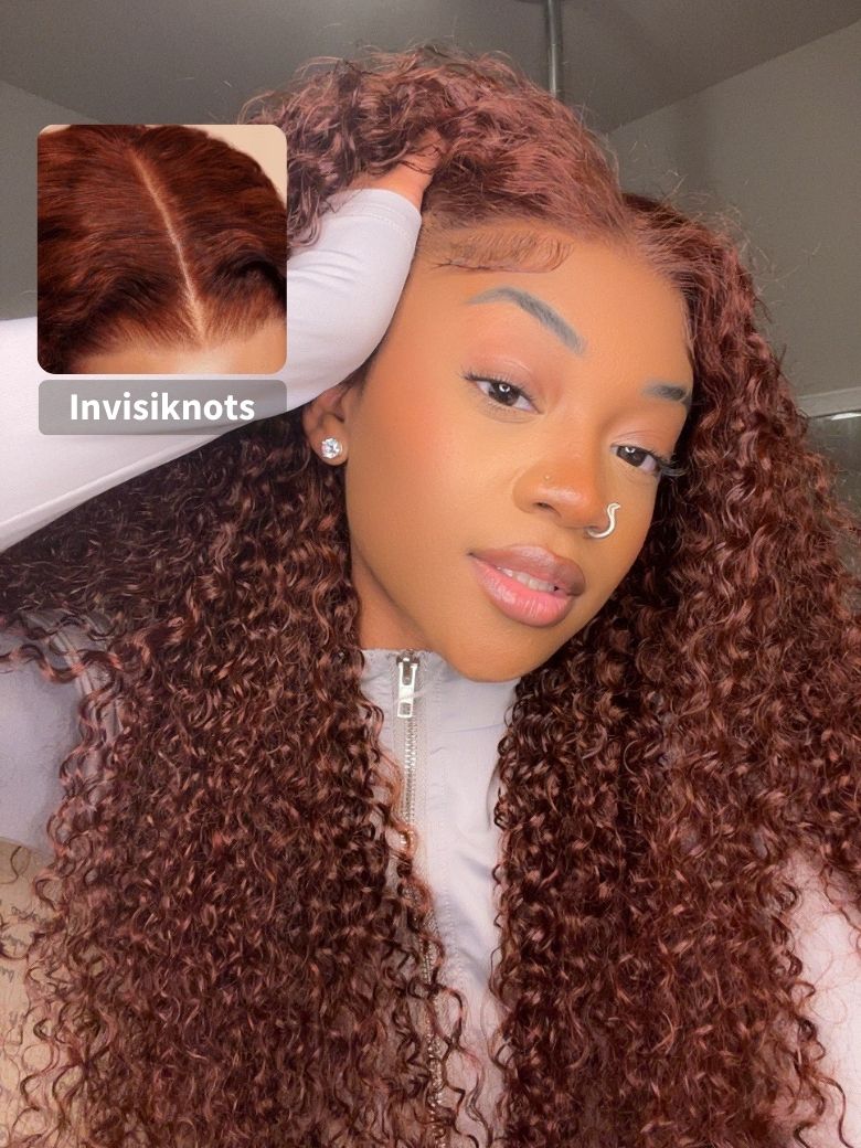 Klaiyi Afro Kinky Curly & Jerry Curly Reddish Brown 200% Density 7x5 Bye Bye Knots Lace Closure Put On and Go Glueless Wig